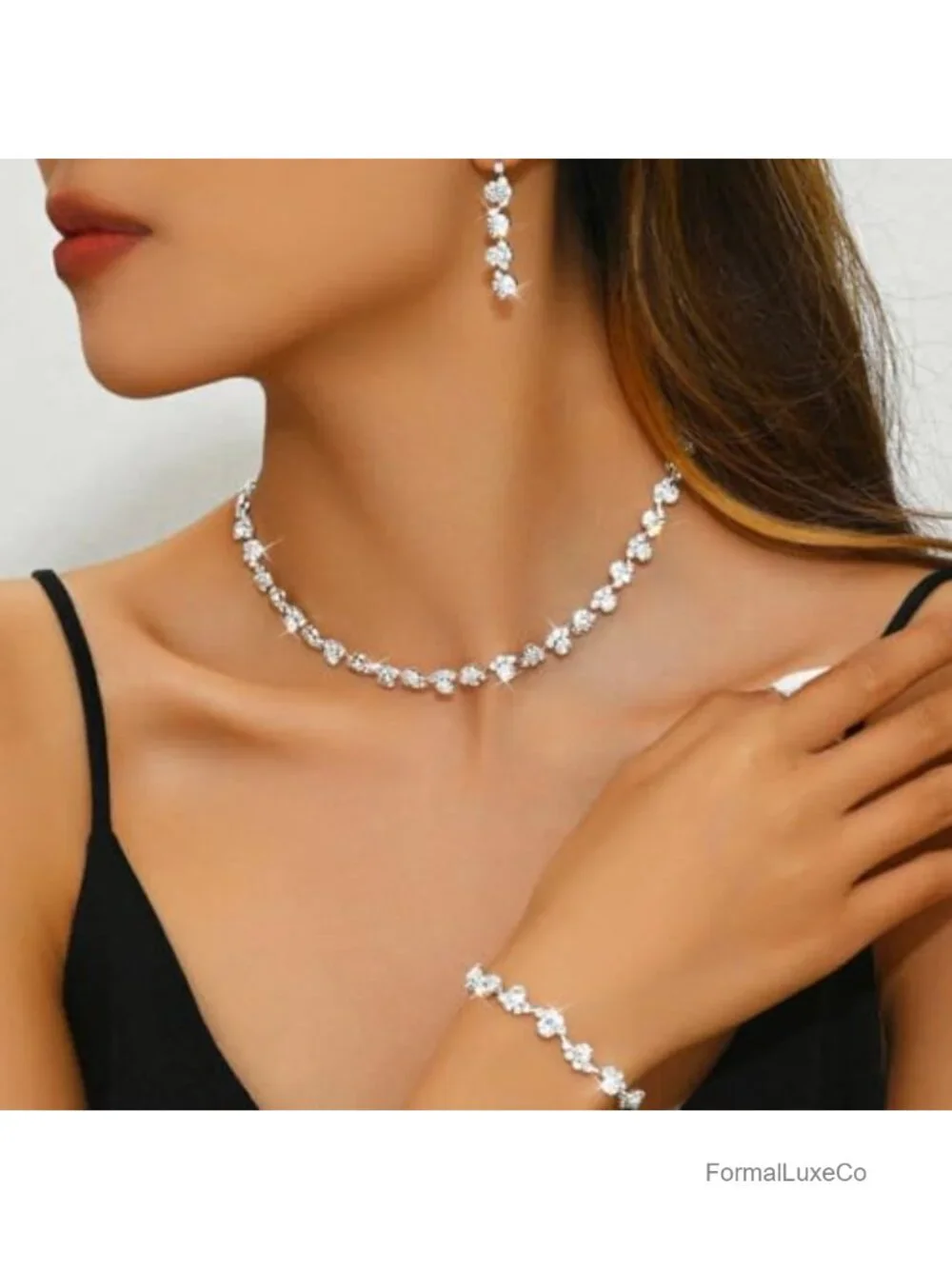 Rhinestone Bridal Wedding Jewelry Set Choker Necklace Earrings Bracelet